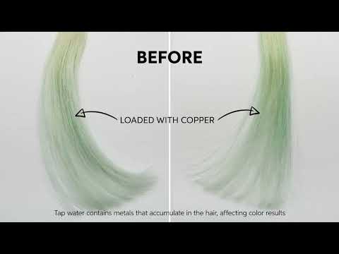 Comparison of hair color before and after copper loading with text explaining the effect of tap water on hair color.