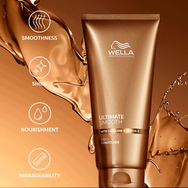 Wella Professionals Ultimate Smooth conditioner tube with product benefits on a brown background