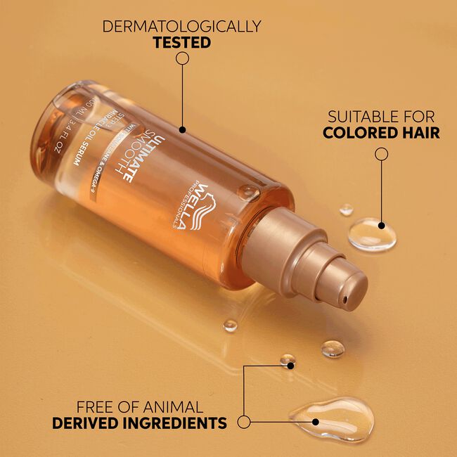 Skincare serum bottle with text indicating features on a beige background
