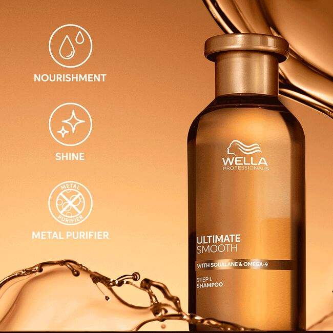 Wella Professionals shampoo bottle with product features on a gold background