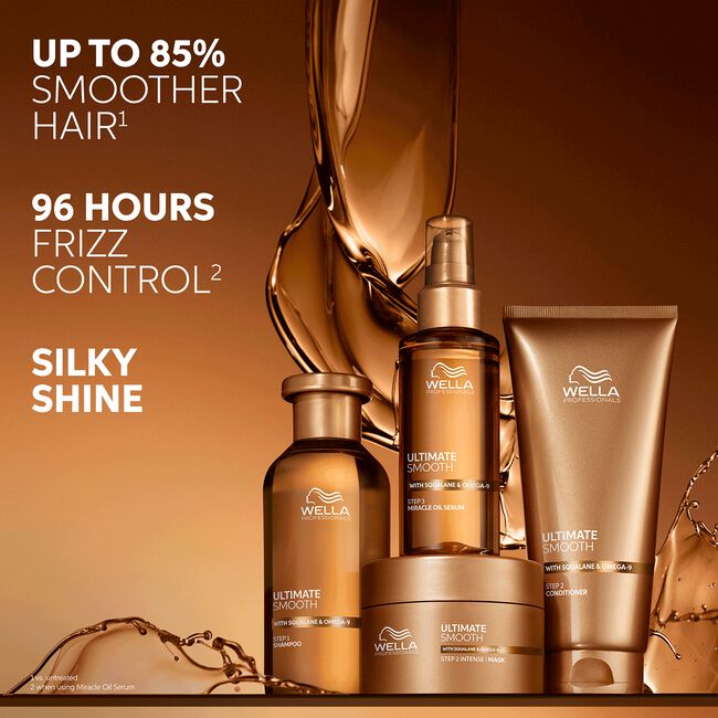 Wella hair care products with promotional text on a brown background