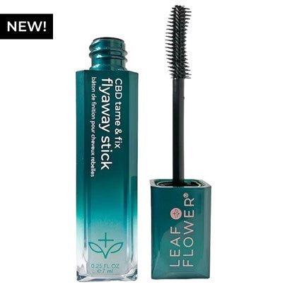 Leaf and Flower Tame & Fix Flyaway Stick, a remarkable CBD hair product in a teal tube with a brush applicator, provides excellent frizz control. Packaging showcases the text "NEW!" at the top left corner.
