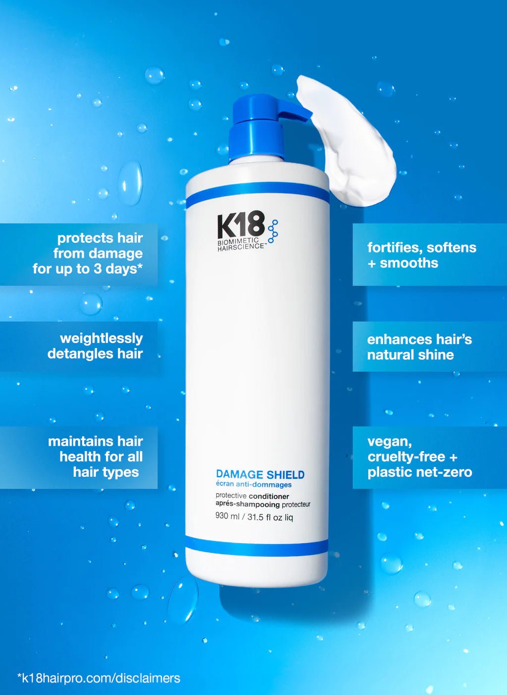 A bottle of K18 Damage Shield pH Protective Conditioner by K18 Hair Repair product against a blue background with text highlighting features like hair damage protection, being a nourishing conditioner that is vegan and cruelty-free, and benefits for detangling and enhancing natural shine.