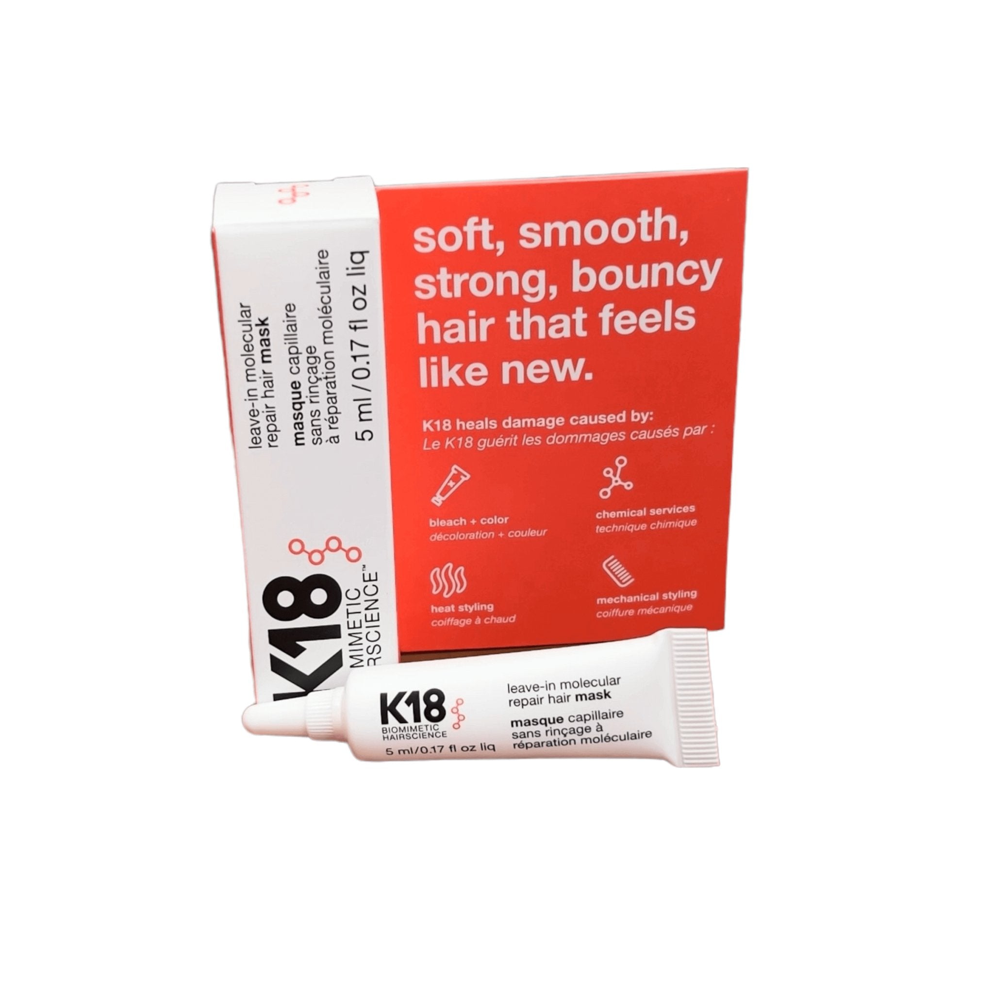 A small K18 Hair Repair leave-in molecular repair mask sits before its red and white packaging, promoting soft, smooth, strong hair with advanced peptide technology.