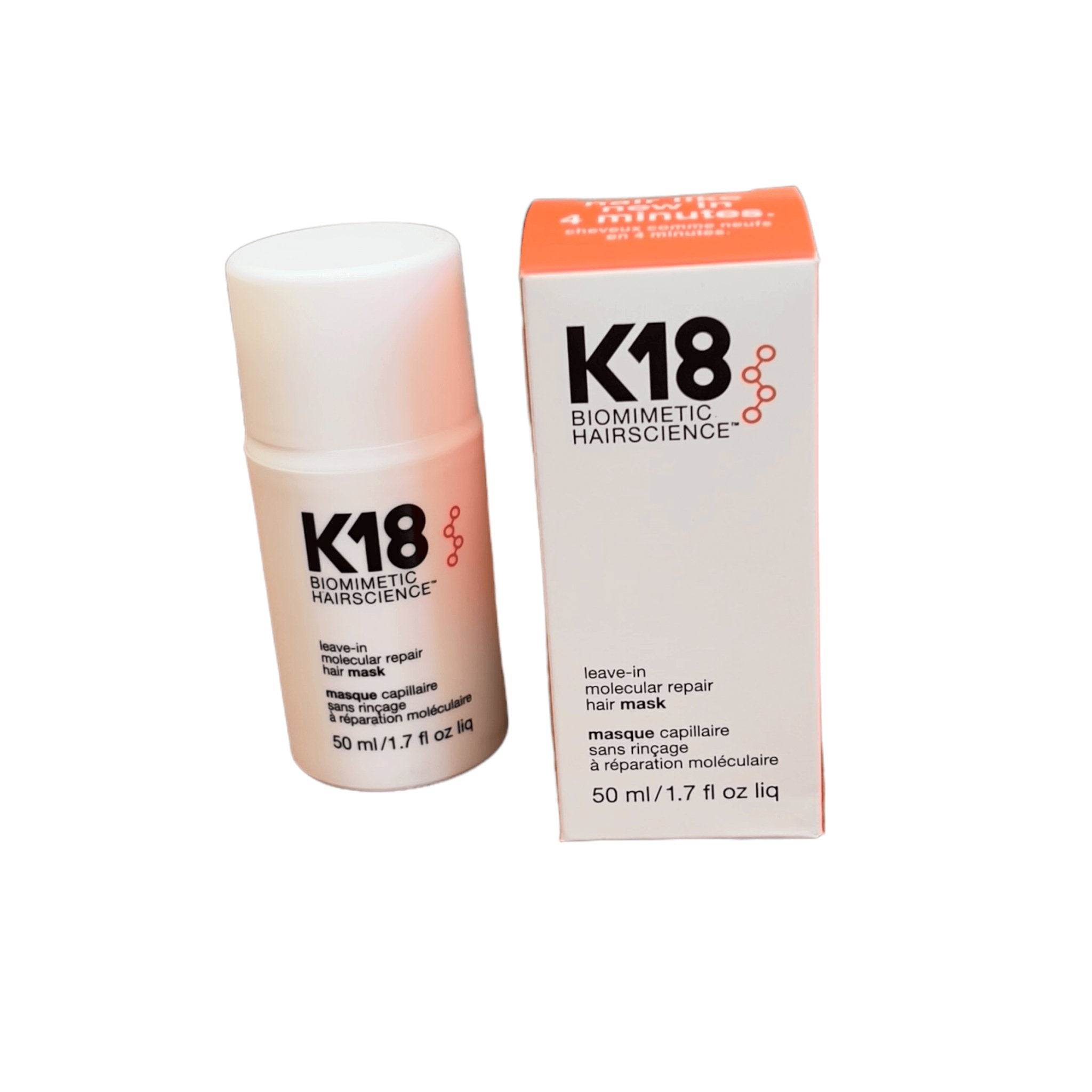 A 50 ml (1.7 fl oz) bottle and box of K18 Hair Repair leave-in molecular mask by K18 Hair Repair, shown upright on a white background, featuring peptide technology for advanced hair rejuvenation.