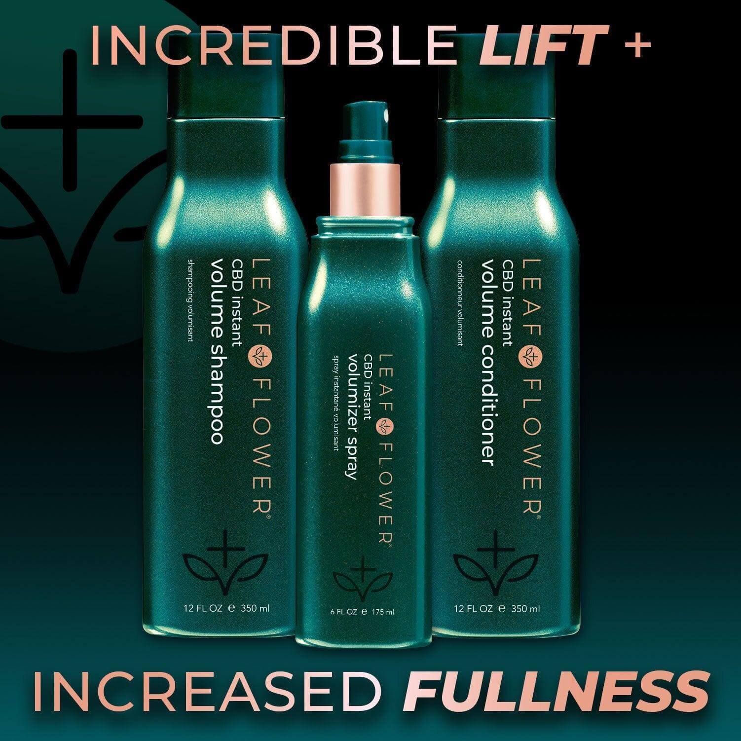 The Leaf and Flower LEAF and FLOWER Instant Volume Shampoo and Conditioner Duo, displayed in green bottles with “Lift” and “Fullness” highlighted, stands upright against a dark gradient background.