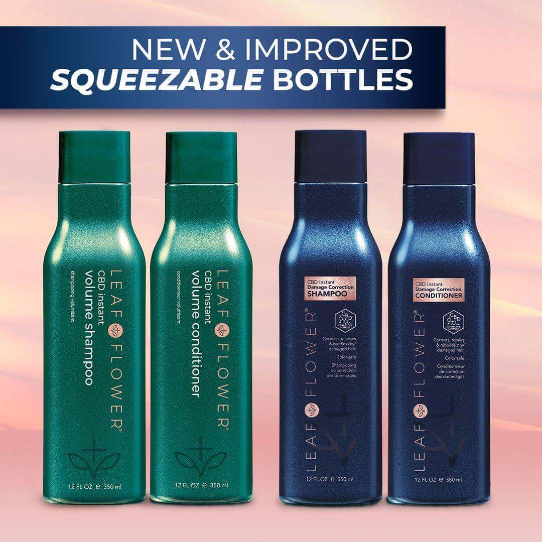 Leaf and Flower's new & improved Instant Volume Shampoo squeezeable bottles.