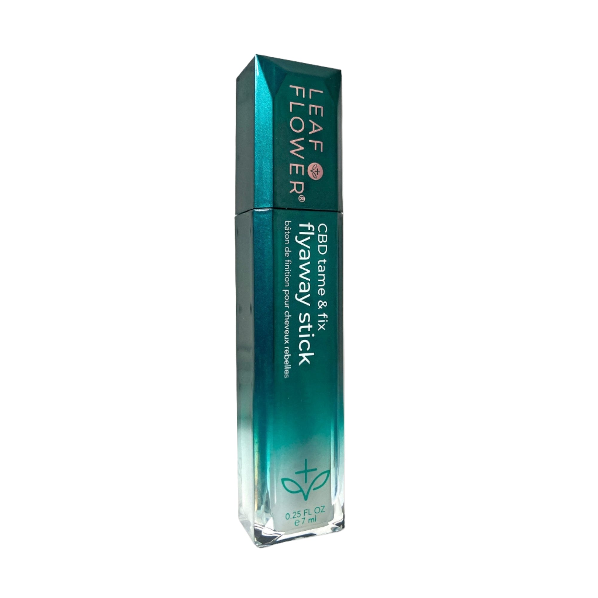 A green and clear rectangular tube of Leaf and Flower Tame & Fix Flyaway Stick stands upright against a light background, featuring a plant-based CBD Corrective Complex and labeled with 0.25 fl oz (7.5 ml) near the base.