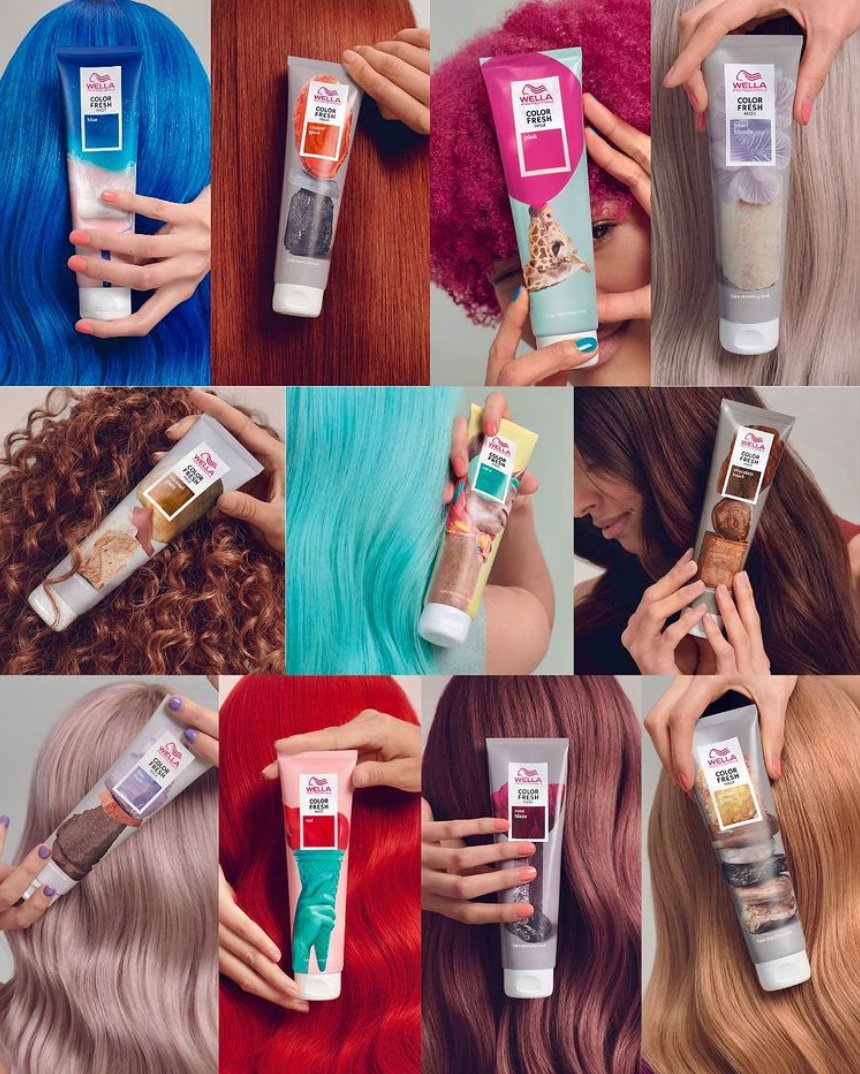 A grid of twelve images displays hands holding Wella Professional Color Fresh Masks - Multiple Colors next to hair in matching shades like blue, red, ultra-light blonde, pink, and brown. The ammonia-free masks are shown in vibrant and natural tones.
