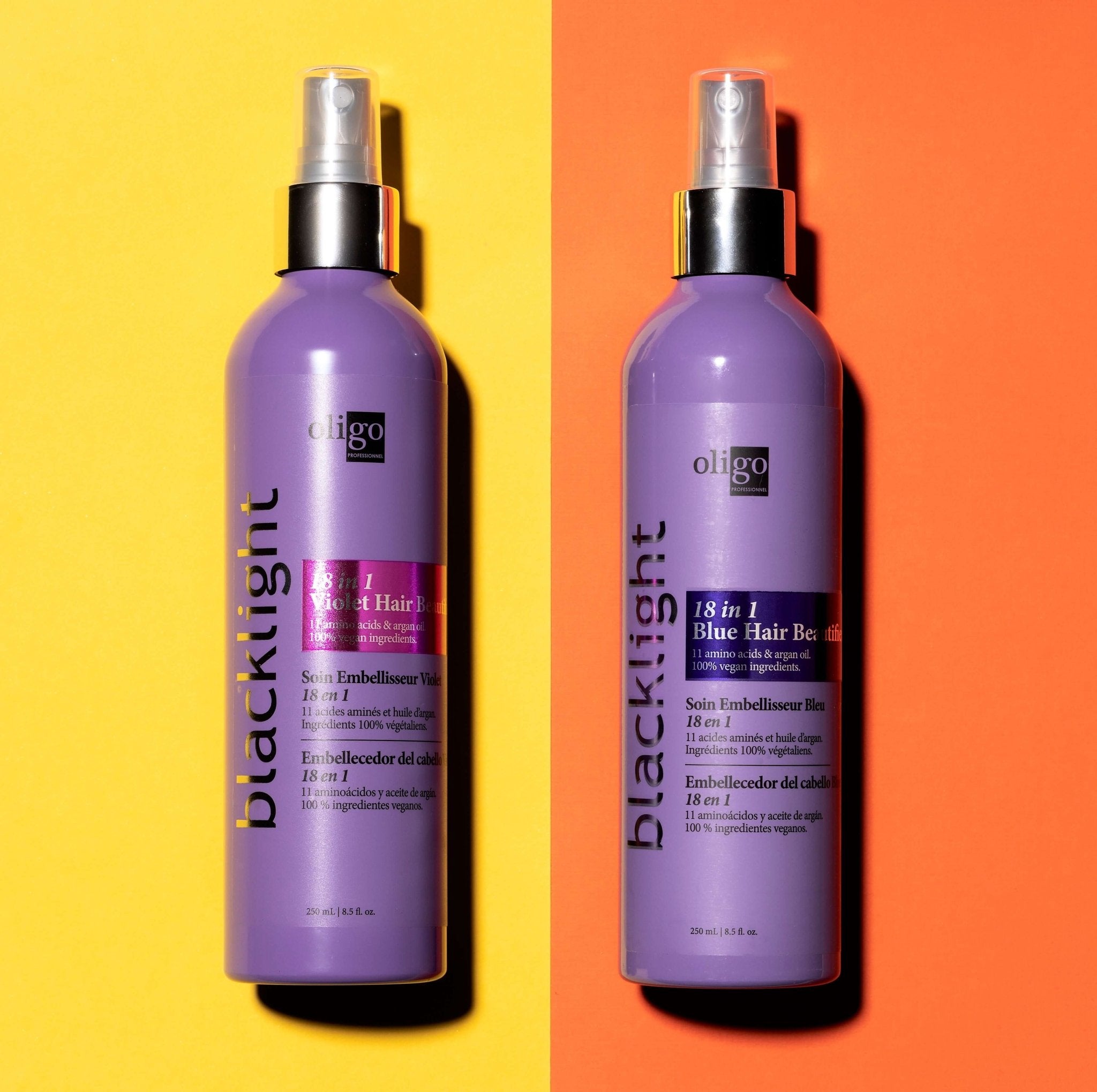 oligo blacklight 18 in 1 blue and violet toning leave in treatments on a orange and yellow background