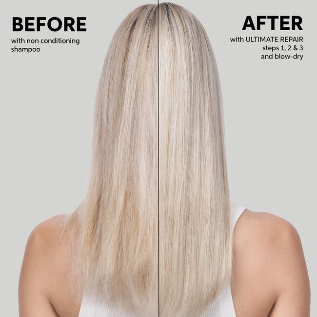 Before and after comparison of hair with and without conditioning treatment on a plain background
