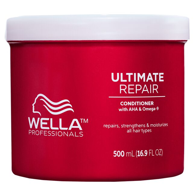 Red container of Wella Professionals Ultimate Repair Conditioner on a white background