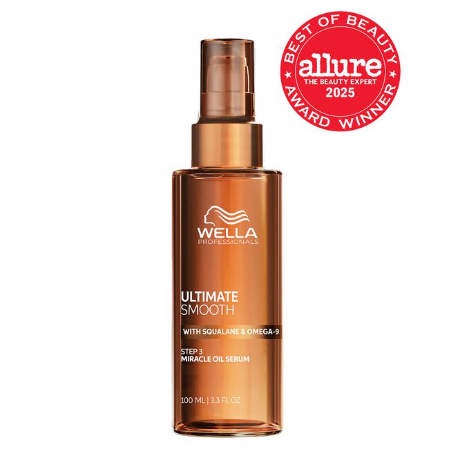 Wella Professionals Ultimate Smooth oil serum bottle with Allure award badge on a white background