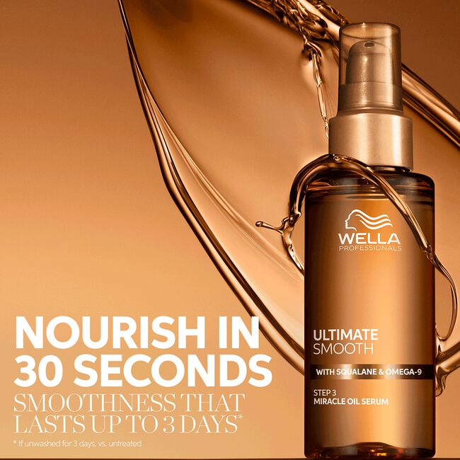 Wella hair serum bottle with text on a brown background