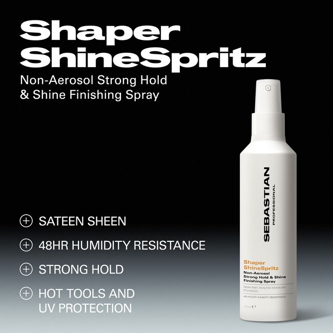 Sebastian Shaper ShineSpritz spray bottle with product details on a black and gray background