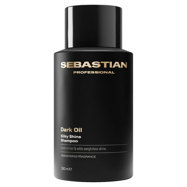 Sebastian Professional Dark Oil Silky Shine Shampoo in a matte black cylindrical bottle with gold lettering, shown on a plain white background.