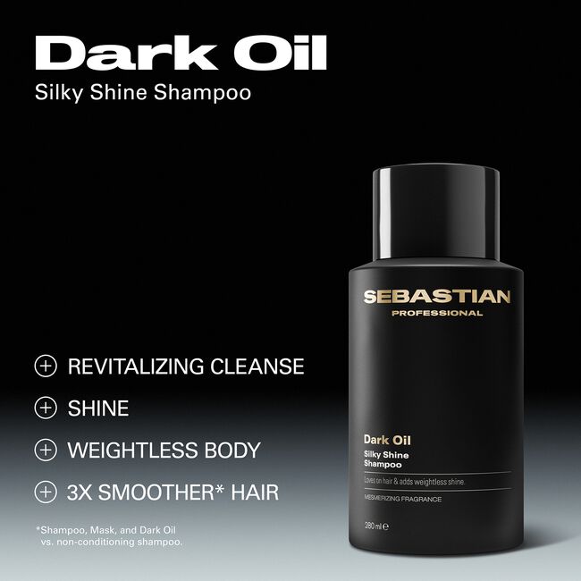 Sebastian Dark Oil Silky Shine Shampoo bottle on a black background with product features listed.