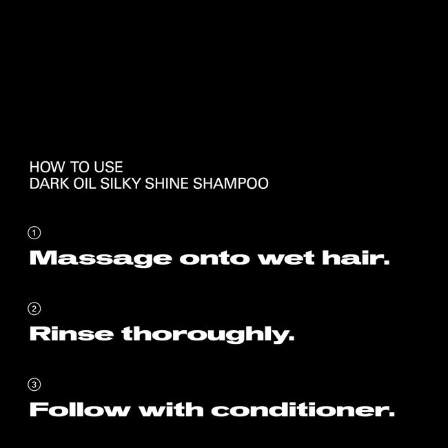 Instructions for using Dark Oil Silky Shine Shampoo on a black background