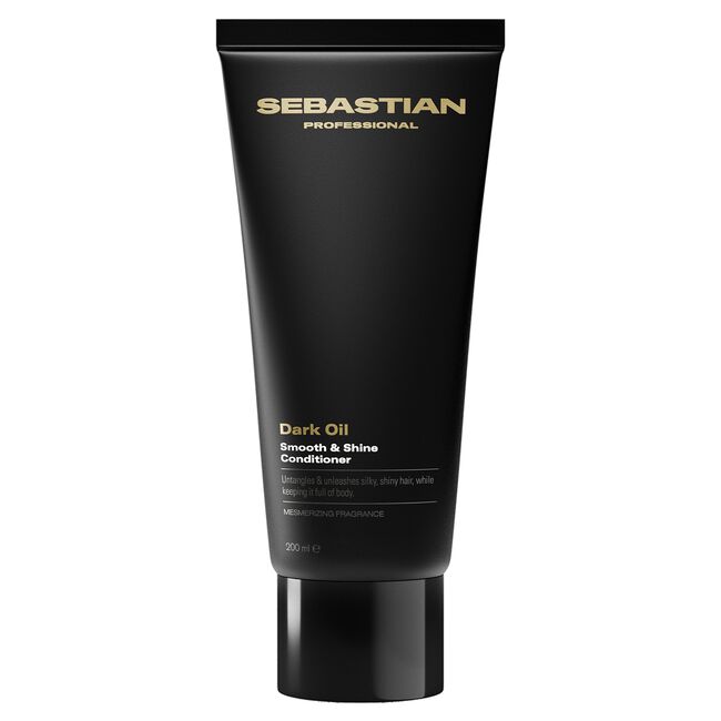 Sebastian Professional Dark Oil Smooth & Shine Conditioner in a matte black squeeze tube with gold lettering, shown on a plain white background.