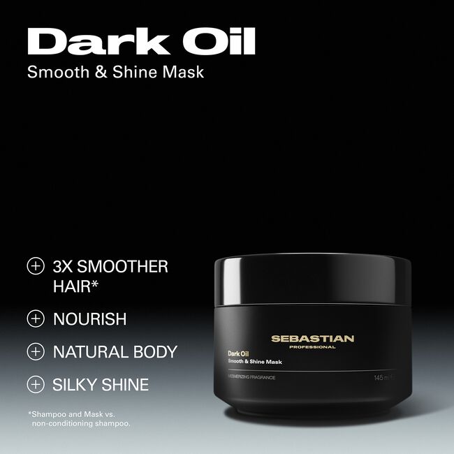 Sebastian Dark Oil Smooth & Shine Mask jar with product benefits on a black background