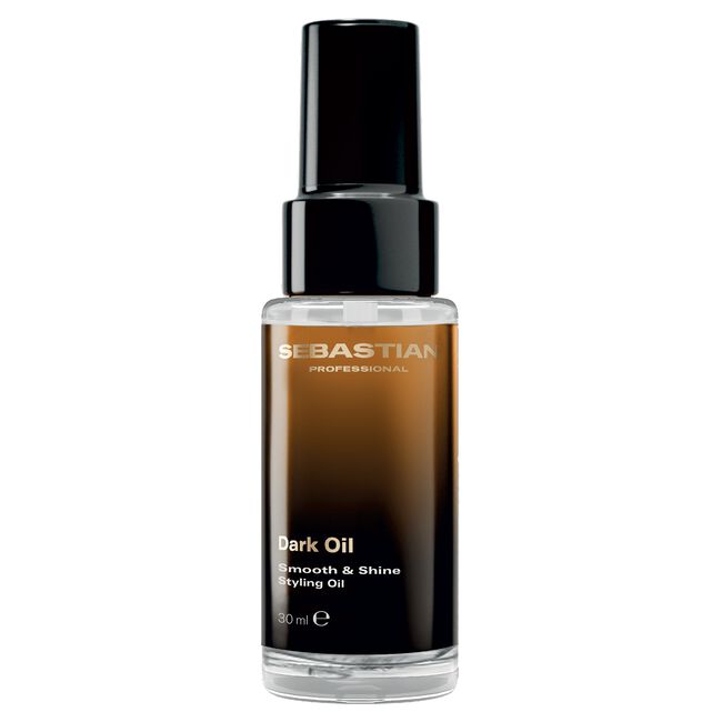 Sebastian Professional Dark Oil Smooth & Shine Styling Oil in a 150 ml clear glass bottle with a black spray pump cap, shown on a white background.