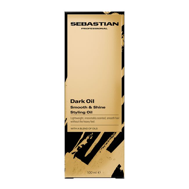 Sebastian Professional Dark Oil Smooth & Shine Styling Oil 100ml box, featuring a metallic gold and black design with abstract brushstrokes.