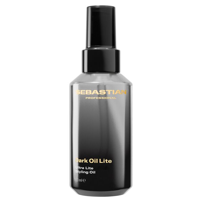 Sebastian Professional Dark Oil Lite styling oil in a dark gray to black gradient spray bottle with gold lettering, on a white background.