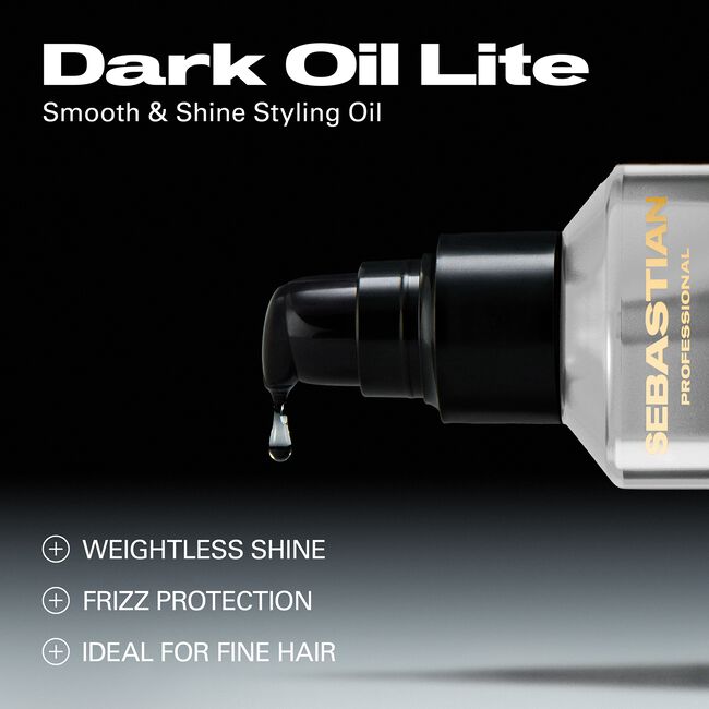 Sebastian Dark Oil Lite bottle with droplet on a black background