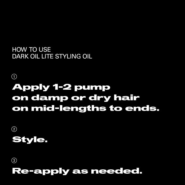 Instructions for using Dark Oil Lite Styling Oil on a black background