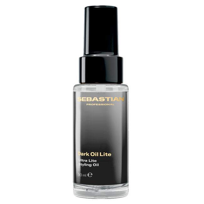 Sebastian Professional Dark Oil Lite Ultra Lite Styling Oil in a 60 ml clear bottle with a black spray pump and gold lettering, shown on a white background.