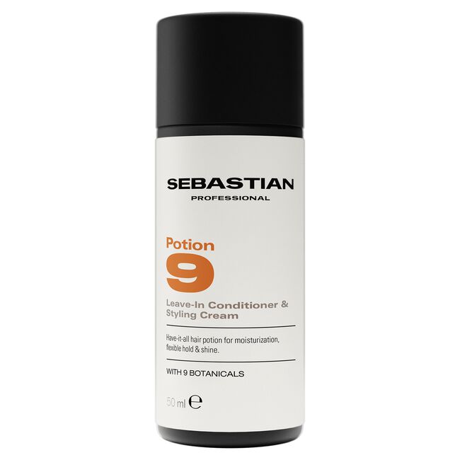 Sebastian Professional Potion 9 Leave-In Conditioner & Styling Cream in a 50 ml cylindrical bottle with a black cap and white label.