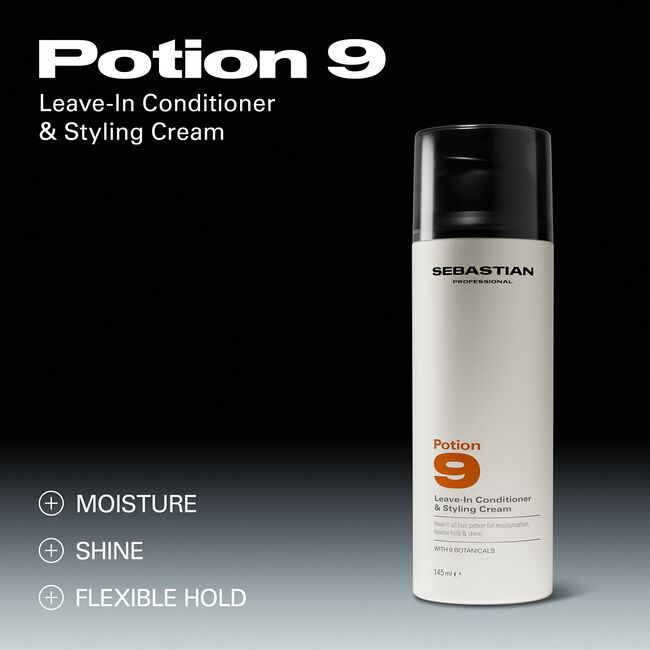 Sebastian Potion 9 leave-in conditioner and styling cream bottle on a gradient background