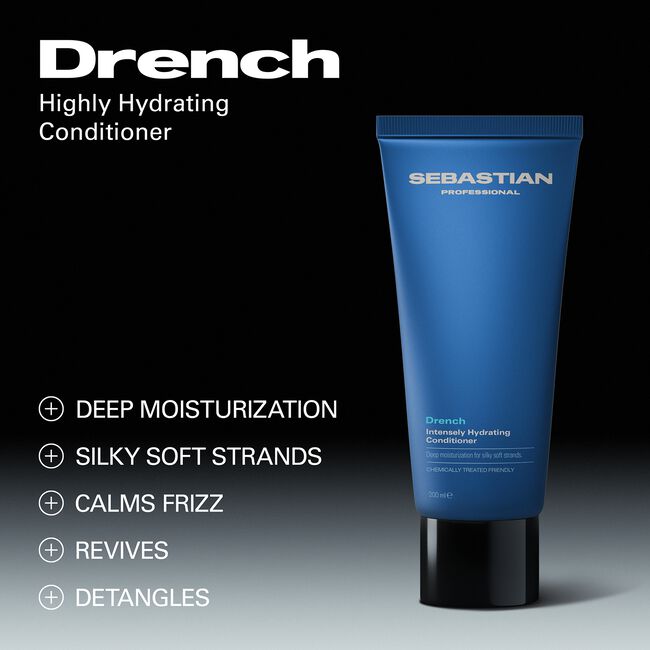 Sebastian Professional Drench Highly Hydrating Conditioner in a blue squeeze tube with a black cap, shown on a black background with product text and feature callouts.