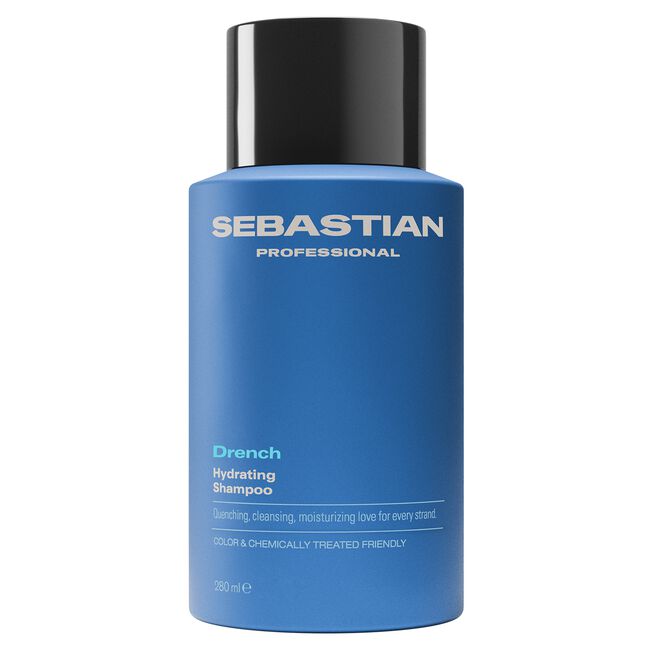Blue shampoo bottle with black cap labeled 'Sebastian Professional' on a white background