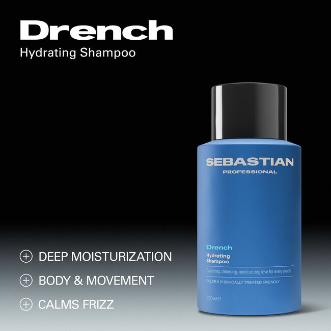 Blue shampoo bottle with 'Sebastian' branding on a black background