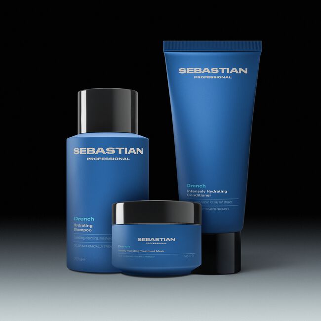Sebastian Professional hair care products including shampoo, conditioner, and mask on a gradient background