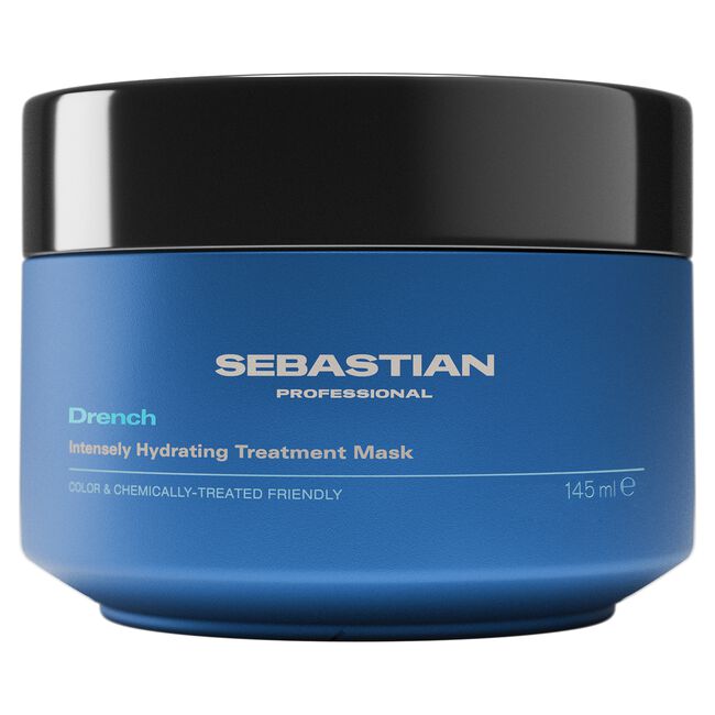 Blue jar of Sebastian Professional Drench Intensely Hydrating Treatment Mask on a white background