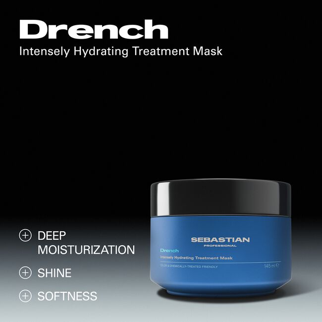 Drench Intensely Hydrating Treatment Mask by Sebastian Professional, shown in a blue jar with a black lid on a dark gradient background, with product text and benefits listed on the left.