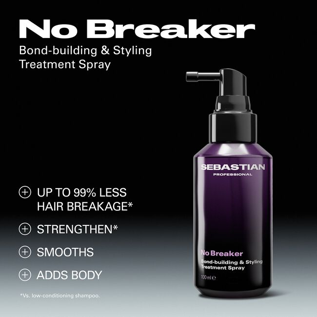 Sebastian No Breaker bond-building and styling treatment spray bottle on a black background with product benefits listed.