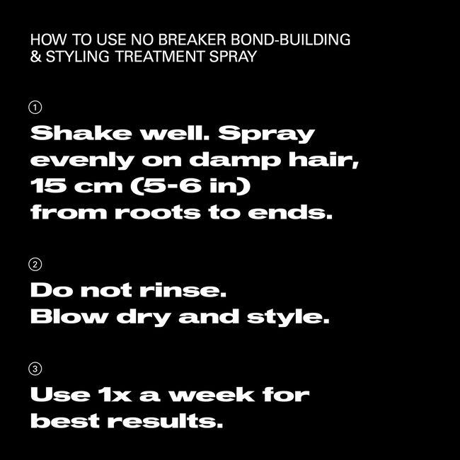 Instructions for using a no breaker bond-building and styling treatment spray on a black background.