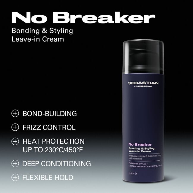 Sebastian No Breaker bonding and styling leave-in cream bottle on a black background with product features listed.