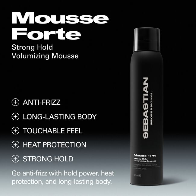 Sebastian Mousse Forte hair mousse bottle with product features on a black background
