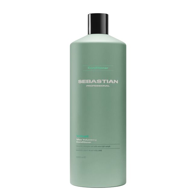 A 500ml bottle of Sebastian Professional Max Volatizing Conditioner in a muted sage green color with a black cap, shown on a plain white background.