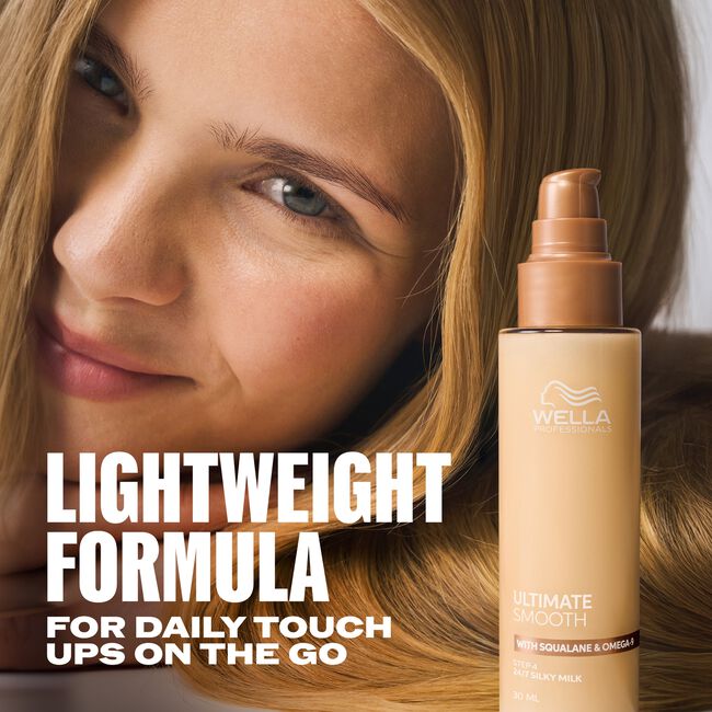 Woman with blonde hair and Wella hair product with text about lightweight formula.