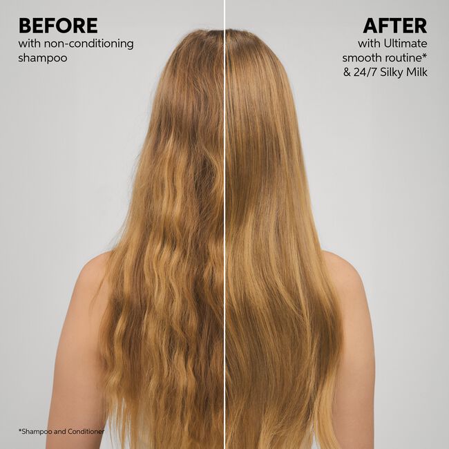 Before and after comparison of hair with non-conditioning shampoo and Ultimate Smooth routine.