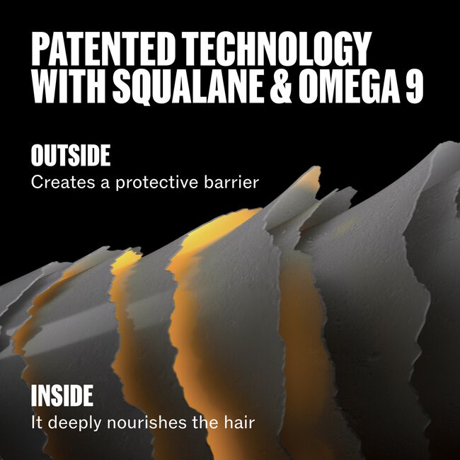 Text about patented technology with squalane and omega 9 for hair care, showing a close-up of hair strands.