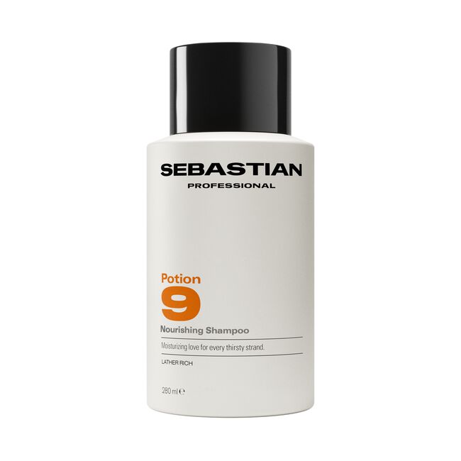 Sebastian Professional Potion 9 Nourishing Shampoo in a 250 ml white bottle with a black cap, on a white background.