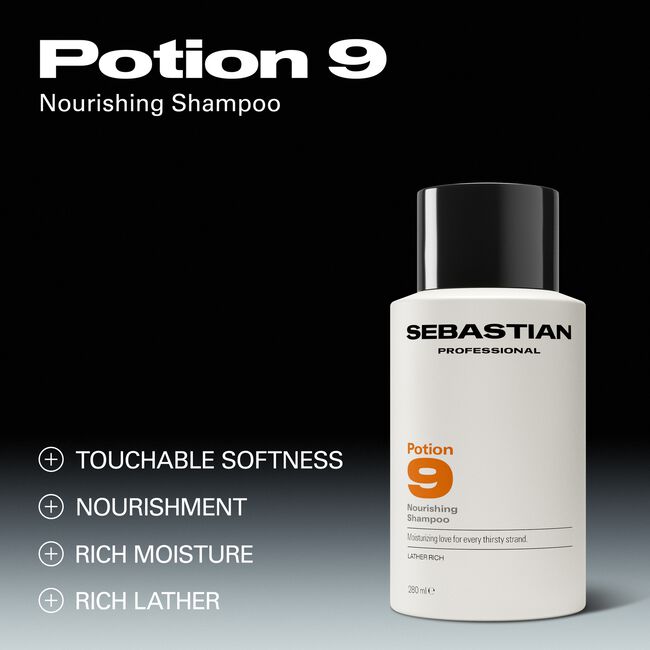 Sebastian Potion 9 Nourishing Shampoo bottle on a black background