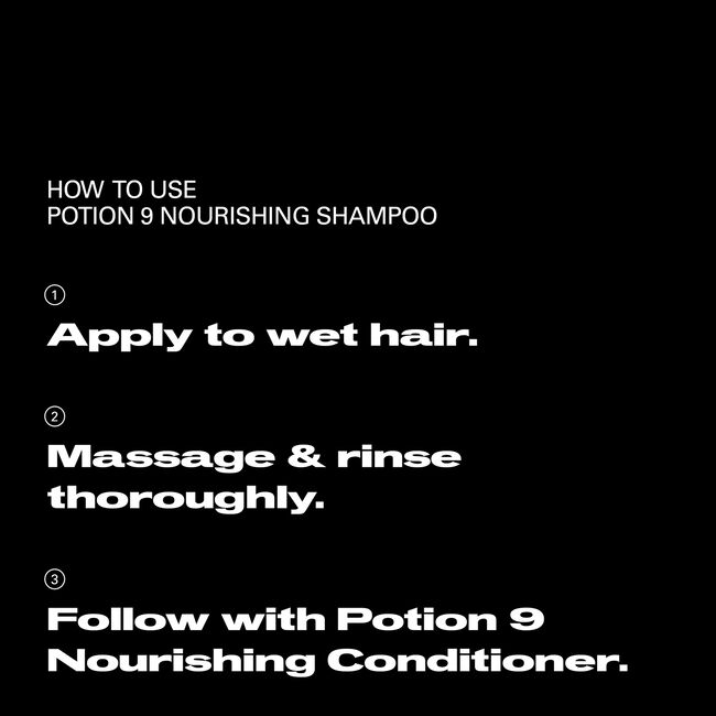 Instructions for using Potion 9 Nourishing Shampoo on a black background