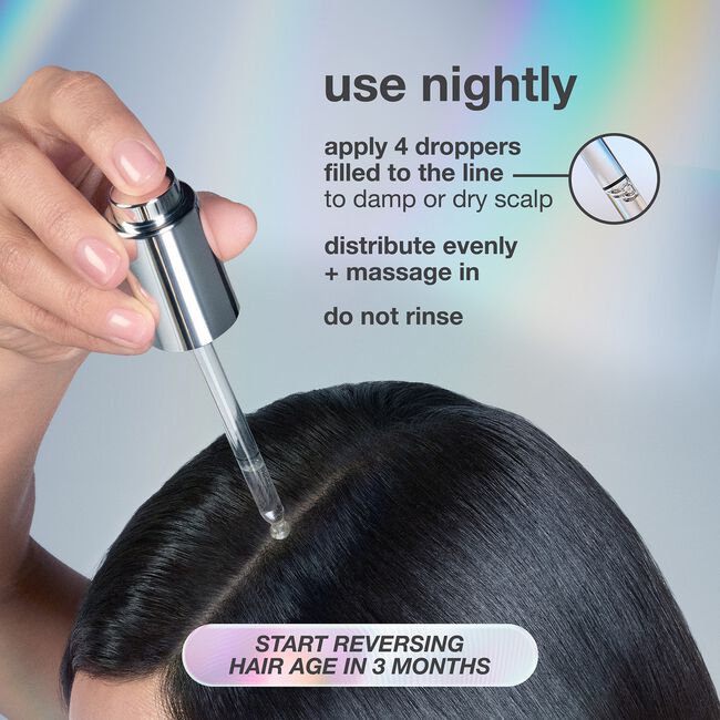 A hand applies a clear dropper of scalp treatment to a person's dark hair, with text instructions reading 'use nightly' and 'apply 4 droppers filled to the line to damp or dry scalp, distribute evenly + massage in, do not rinse.'.